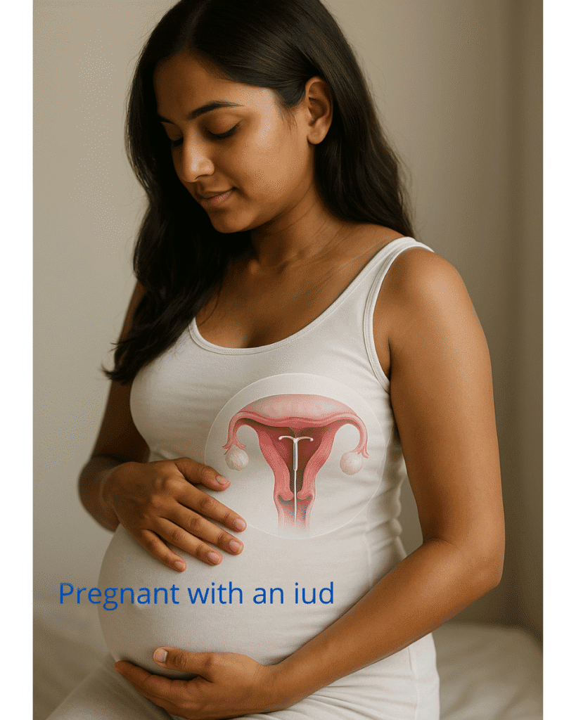 Pregnant woman with an intrauterine device (IUD) illustration, symbolizing pregnancy with an IUD