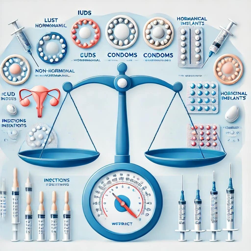 Comparison of birth control methods and weight gain risk illustrated with a balance scale