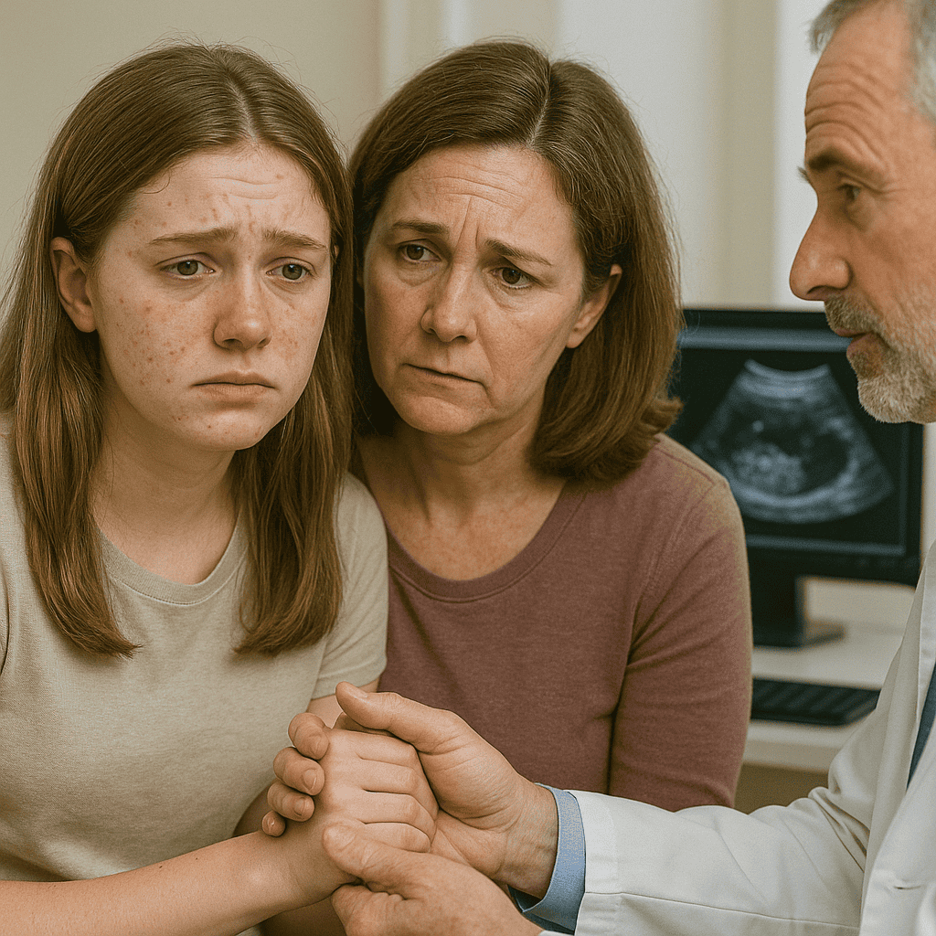 ChatGPT Image 28 de abr. de 2025, 16_35_49 Teenage girl sitting with her mother in a doctor’s office, holding hands in distress after misdiagnosed pcos