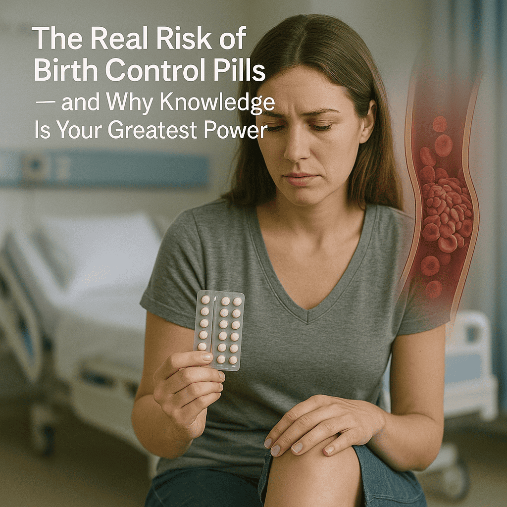 Concerned woman holding birth control pills risks with blood clot illustration on her arm