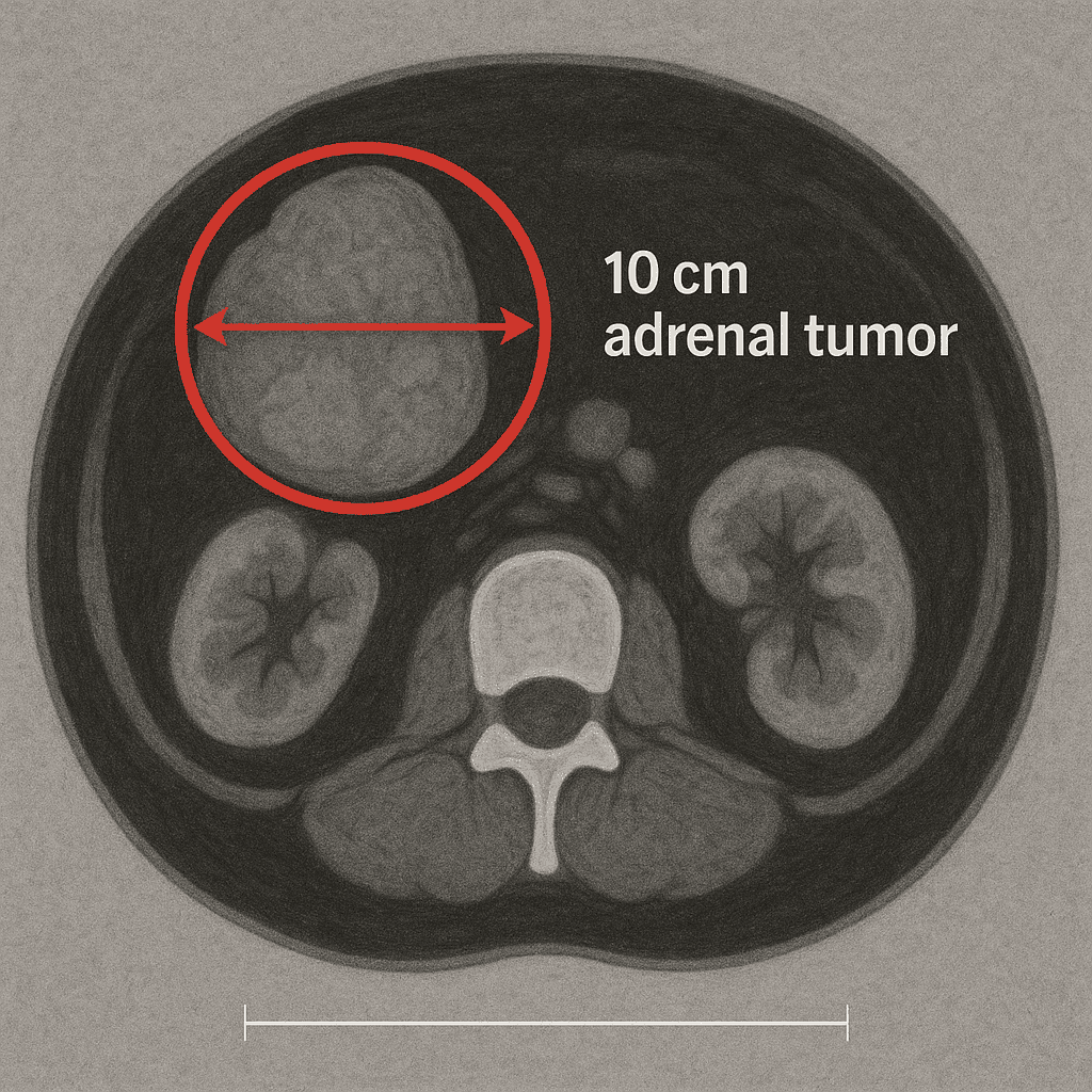 adrenal tumor shown in abdominal scan of 10cm mass