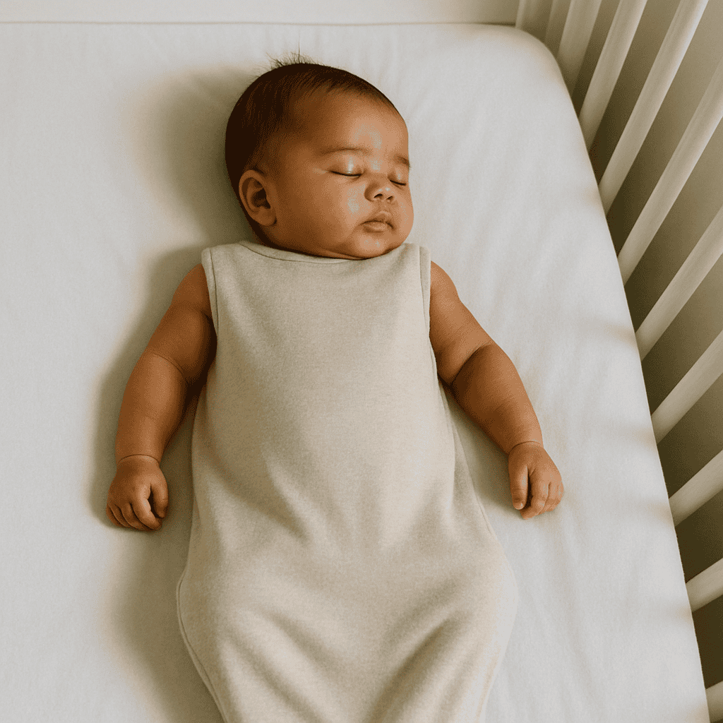 48B1D325-5228-42AC-B88F-0811FAC71938 Baby sleeping safely on back in a crib to prevent SIDS