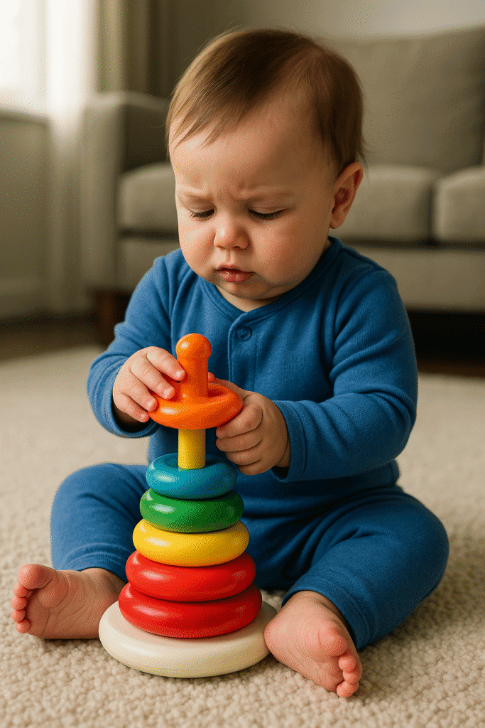 Baby showing limited facial expression while focused on toy, one of the  early signs of autism