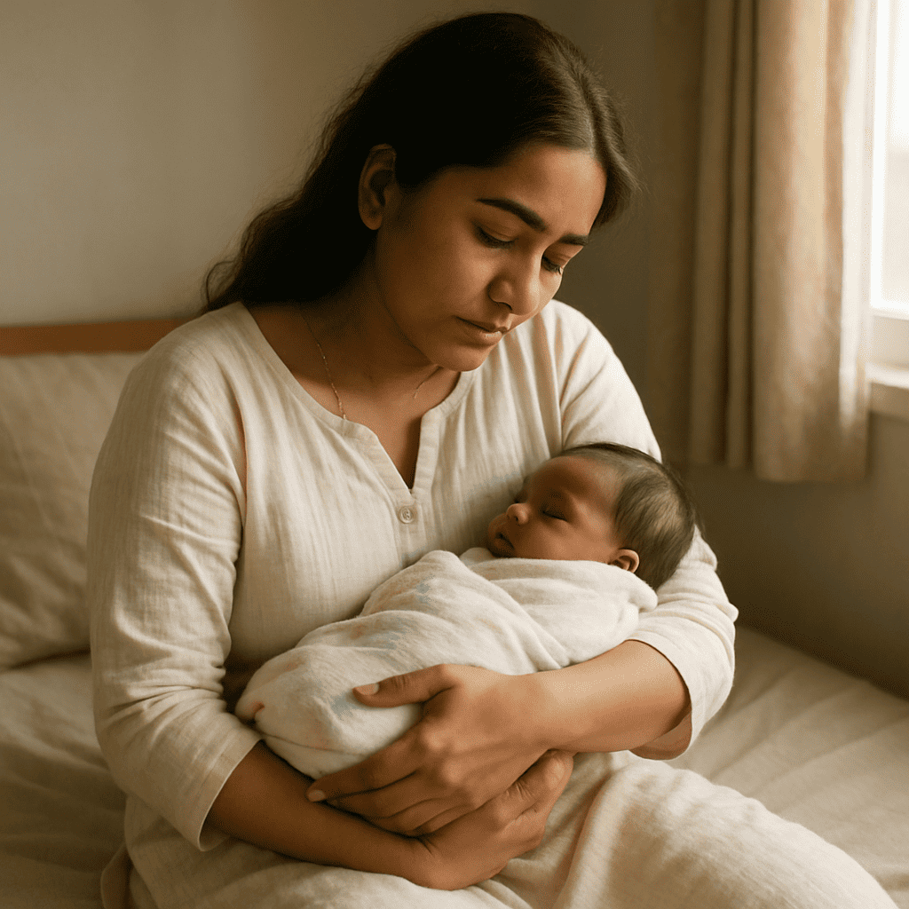 Every new mom should know: New mom holding newborn baby during early weeks, feeling tired and emotional