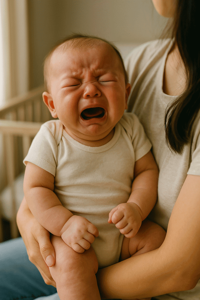 Baby colic: Crying baby showing signs of colic and gas while being held by parent